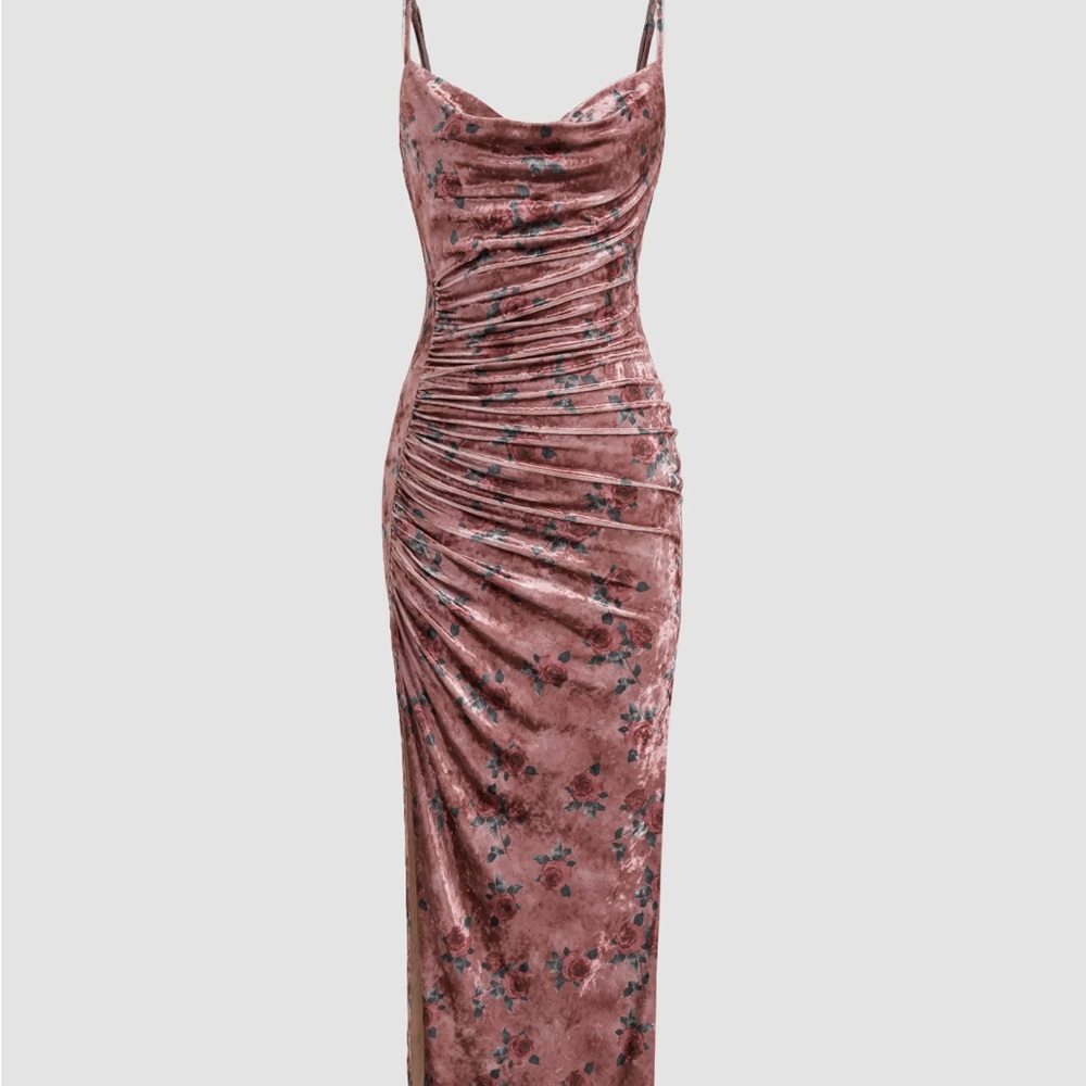NWT velvet cowl neck floral split ruched midi dress